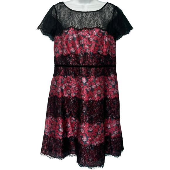 Kay Unger New York Black Pink Cap Sleeve Floral Lace Accent Mini Dress size L - Picture 1 of 10